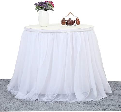 Suppromo 9ft White Table Skirt Tulle Tutu Table Skirt for Rectangle Tables White Ruffle Table Cloth for Wedding Bridal Shower Baby Shower Baptism Birthday Party Banquet Decoration(L9(ft) H 30in) - Image 4