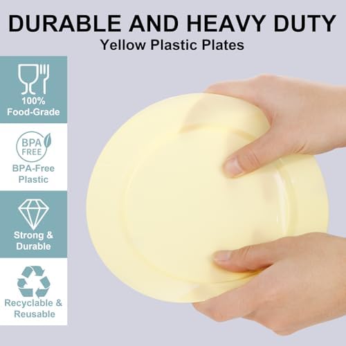 FLOWERCAT 200PCS Yellow Plastic Plates Disposable Plates for Party - Heavy Duty Plastic Plates - 100 10" Dinner Plates and 100 7" Salad Plates for Weddings, Easter Parties and Events - Image 3