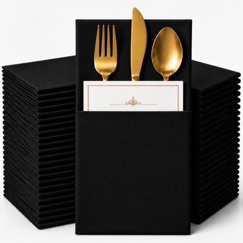 100 Pcs Black Napkins Disposable Linen Feel Dinner Paper Napkins with Built-in Flatware Pocket, Airlaid Paper Pre-Folded Napkins for Silverware Baby Shower Easter Wedding Birthday Party by Unknown