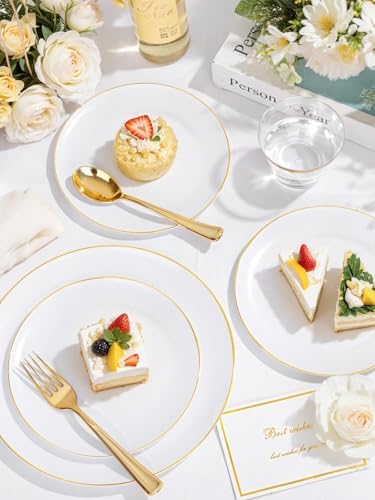 WDF 300Pcs White and Gold Plastic Plates - Gold Plates Disposable - Disposable Dinnerware Include 50 Dinner Plate 50 Dessert Plate 150 Cutlery 50 9oz Cups for Wedding/Birthday/Party/Thanksgiving - Image 6