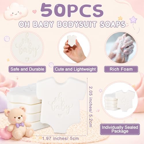 50 Sets Baby Shower Soap Favors for Guests Boy Girl Mini Handmade Scented Soaps with Thank You Tags and Organza Bags for Shower Gender Reveal Party Favors (Oh Baby,White Bodysuit) - Image 2
