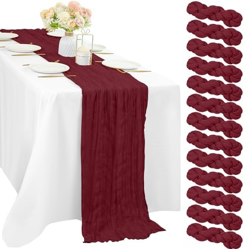 10FT 12 Pcs Burgundy Cheesecloth Table Runner Gauze Fabric Boho Cheese Cloth Table Runner Rustic Semi Sheer Runner for Wedding Holiday Bridal Shower Birthday Party Table Decor (35 x 120 Inches Long) by Sunnyline