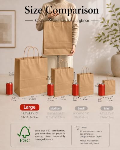 qiqee 100-Packs Large Size Paper Gift Bags with Handles Bulk 13"×10.2"×4.7" Brown Gift Bags Multiple Uses - Image 2