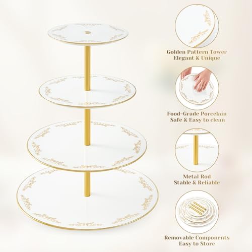 DUJUST 4-Tier Cupcake Stand Tower, British Style Porcelain Tiered Tray with Golden Trim & Pattern, Food Grade Dessert Display Stand, Beautiful Gift for Tea Party & Home Décor - White - Image 3