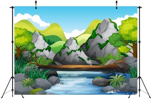 Cartoon Mountain River Backdrop 15x8ft Fabric Nature Scene Green Trees Wood Stone River Background for Jungle Safari Themed Birthday Decorations Zoo Party Banner Kids Baby Shower Photo Props - Image 4