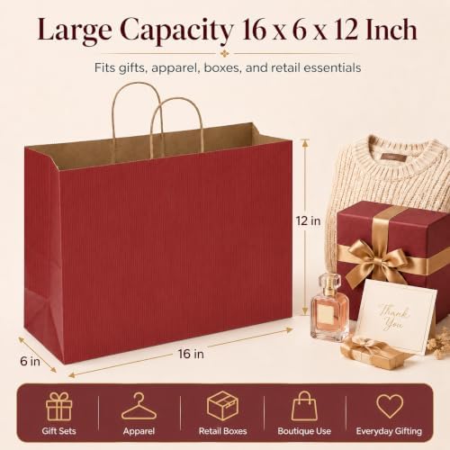 METRONIC Red Large Paper Gift Bags with Handles 16 x 6 x 12 Inch, 50 Pack - Image 2