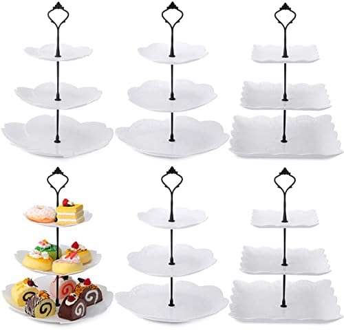 Sawysine 6 Pack 3 Tiered Serving Tray White Plastic Dessert Tower, Black by Sawysine