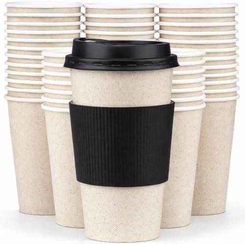Promora 16 oz Natural Cream Disposable Coffee Cups with Lids & Sleeves, Hot Coffee Cup Sleeves Disposable, Premium Insulated To Go Coffee Paper Cups with Lids & Sleeves (16 oz, Pack of 100) by Promora