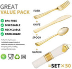 50 Pack Pre Rolled Gold Plastic Silverware Set with Napkins,Disposable Wrapped Heavy Duty Cutlery Set for Wedding Birthday Party-50 Forks,Knives,Spoons,Napkins,Utensils Set,Plasticware Bulk - Image 3