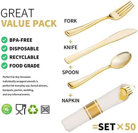 50 Pack Pre Rolled Gold Plastic Silverware Set with Napkins,Disposable Wrapped Heavy Duty Cutlery Set for Wedding Birthday Party-50 Forks,Knives,Spoons,Napkins,Utensils Set,Plasticware Bulk - Image 3