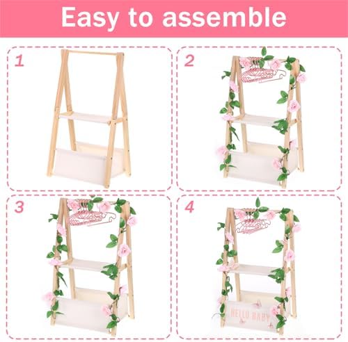 Double Layered Wooden Baby Shower Crate Closet Baby Storage Crate Hamper with Letters Garland and 10 Clothes Hangers Foldable Nursery Storage Crate for Girl Boy Pregnancy Gift - Image 4
