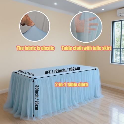 2-Pack Blue 2-in-1 Tulle Tablecloth for 6-Foot Rectangular Table - Image 2