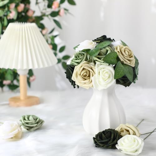 100 Pcs Artificial Foam Rose Flower Faux Bouquet Wedding Fake Rose Gift for Mother's Day Women DIY Bridal Shower Party Table Birthday Home Spring Decor (Shades of Emerald) - Image 3