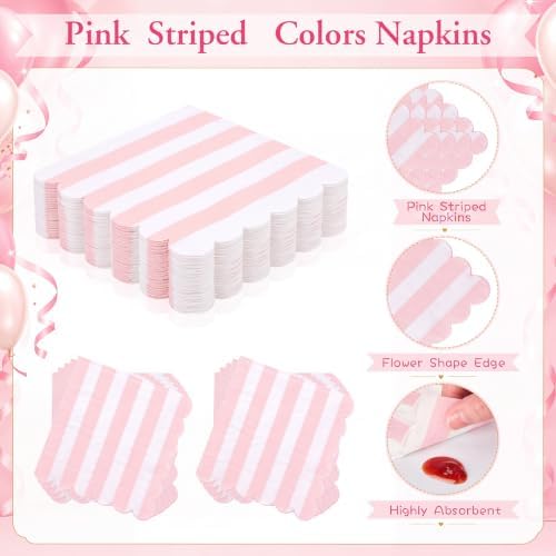 Mimorou 350 Pcs Pink White Striped Party Tableware for 50 - Image 5