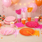 Ziliny 420 Pcs Orange and Pink Paper Plates and Napkins 9 oz Paper Cups Forks Knives Spoons Disposable Tableware for Summer Tropical Theme Birthday Party Supplies, Serves 60 - Image 4