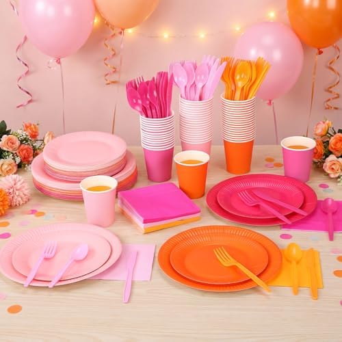 Ziliny 420 Pcs Orange and Pink Paper Plates and Napkins 9 oz Paper Cups Forks Knives Spoons Disposable Tableware for Summer Tropical Theme Birthday Party Supplies, Serves 60 - Image 4