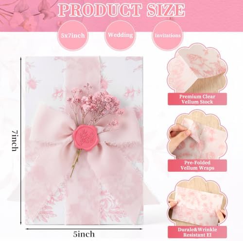 Fullhawl 50 Sets Wedding Invitations Wraps Set Pre Folded Vellum Jackets for 5 x 7 Invitations Dried Flowers Wax Seal Stickers Chiffon Silk Ribbon for Wedding Birthday Bridal Shower (Light Pink) - Image 3