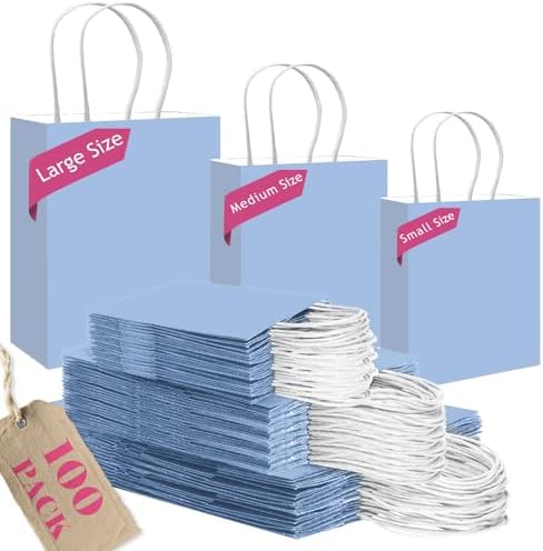 qiqee 100PCS Gift Bag with Handles Bulk Light Blue Paper Bags Assorted Sizes(33pcs Large 13",33pcs Medium 11",34pcs Small 8") by Qiqee