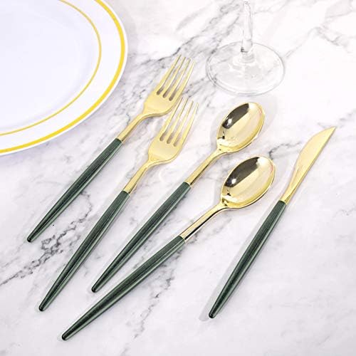 Supernal 180pcs Gold and Green Plastic Silverware Extra Heavy Duty Gold Plastic Cutlery with Green Glitter Handle Disposable Flatware for Parties, Weddings, and Outdoor Events - Image 3