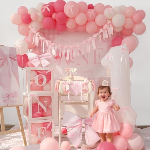 Pink Bow Birthday Decorations Girls Just Wanna Be One First Birthday Pink White Balloon Arch Backdrop High Chair Banner Balloon Boxes Crown Hat For Baby Girls - Image 3