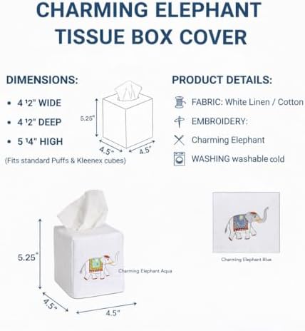 Jacaranda Living Square Tissue Box Cover, Linen/Cotton Tissue Holder, Decorative Cloth Tissue Cover, Fits Standard Square Tissue Boxes, Embroidered Animal Designs, Charming Elephant (Blue) - Image 6