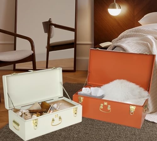Vixdonos Decorative Large Metal Box Storage Trunk Chest Set of 2 College Dorm Organizer with Hardware Hasps and Handle for Home Deocr,23.7X14.2X9.5 Inches(Beige and Orange) - Image 4
