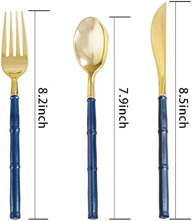 Supernal 180Pcs Blue and Gold Plastic Silverware Set for Wedding Parties - Image 2