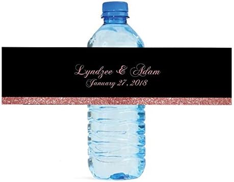 100 Black and Rose Gold Glitter Wedding Anniversary Engagement Party Birthday Graduation Water Bottle Labels 8"x2" by DesignThatSign