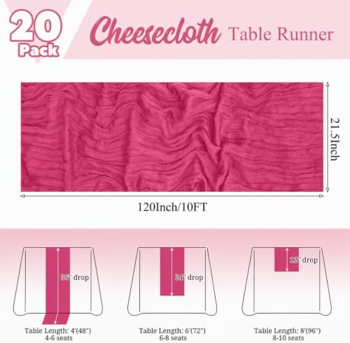 20 Pack Hot Pink Table Runner 17 x 108inch Cheesecloth Table Runner Rustic Boho Gauze Sheer Fabric Cheese Cloth Table Runners for Wedding Party Bridal Baby Shower Birthday Spring Table Decor - Image 2