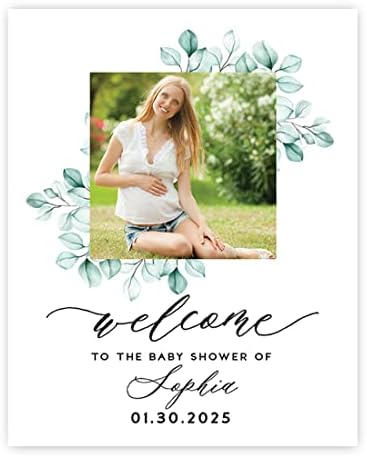 Andaz Press 16"x20" Personalized Canvas Baby Shower Welcome Sign, Custom Photo, Watercolor Greenery Gender Neutral Large Welcome Baby Shower Sign for Easel Stand, Baby Shower Decorations by AndazPress
