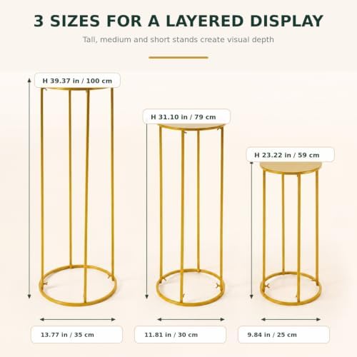 3 Pcs Cylinder Pedestal Stands for Party, Gold Metal Plant Stand - Image 7