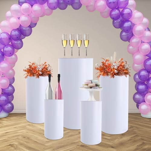 5PCS White Round Cylinder Pedestal Stands Display 19.7''+21.6''+23.6''+29.5''+35.4'' Height PVC Cylinder Tables for Party Cake Flower Backdrop Dessert Pillars for Birthday Wedding Baby Shower Event Decoration - Image 5