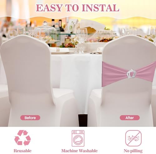 VitalCozy 100 Pcs Spandex Chair Sashes with Crown Buckle,Dusty Pink - Image 4
