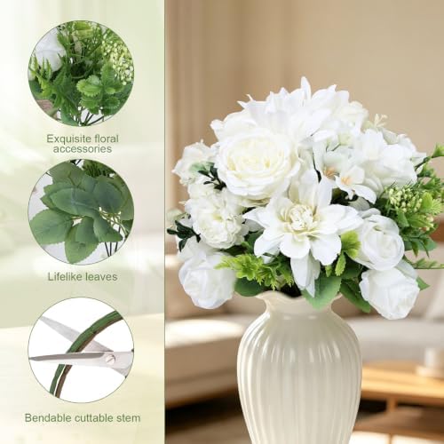 White Peonies Dahlia Artificial Flowers Bulk, 12 Bundles - Image 4