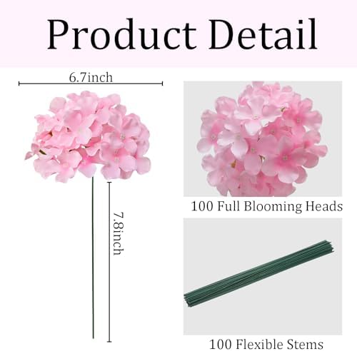 100 Pcs Faux Pink Hydrangea Artificial Flowers Bulk, Fake Silk Hydrangea Flowers Heads with Stems for Wedding Decorations Garden Party Baby Shower Porch Home Decor Table Centerpieces - Image 3