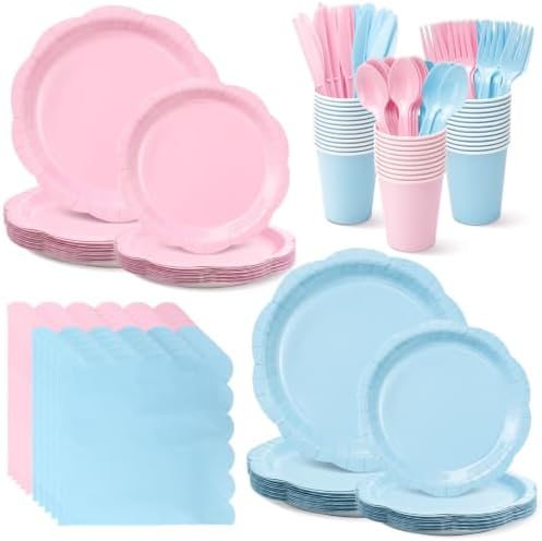 350 Pcs Gender Reveal Party Supplies for 50 Guests, Pink and Blue Paper Plates and Napkins Set with Cups, Knives, Forks & Spoons, Thickened Decagonal Plates for Baby Shower Boy or Girl Celebration by Unknown