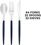 Luxe Party 128 Pieces Two Tone Plastic Disposable Cutlery | Forks-Spoons-Knives | Full Size | Chic Round | Navy and Silver - Image 3