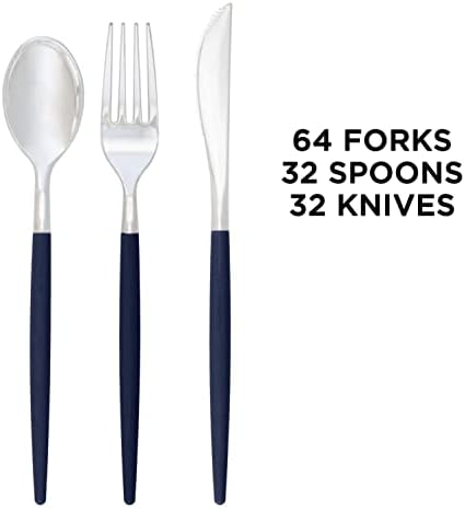 Luxe Party 128 Pieces Two Tone Plastic Disposable Cutlery | Forks-Spoons-Knives | Full Size | Chic Round | Navy and Silver - Image 3
