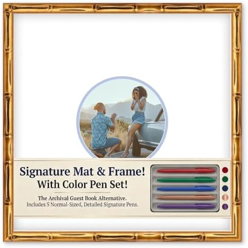 CountryArtHouse Signature Keepsake Frame - Circle Mat Window - Gold Bamboo Genuine Hardwood 20x20 8x8 Photo - Sky Blue Border Mat - Gel Pens Included for Guest Signing by CountryArtHouse