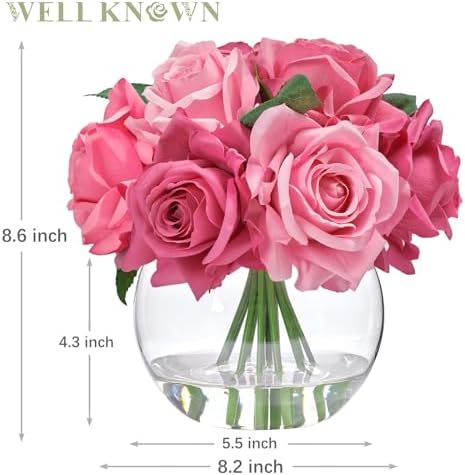 WELL KNOWN Artificial Flowers with Vase, Fuchsia Pink Silk Rose - Image 2