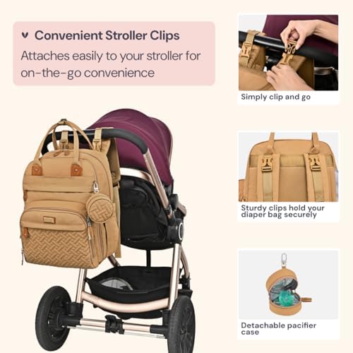 BabbleRoo Diaper Bag Backpack - Baby Essentials Travel Tote - Multi function Water Resistant Diaper Bag, Travel Essentials Baby Bag with Changing Pad, Stroller Straps & Pacifier Case - Unisex, Beige - Image 6
