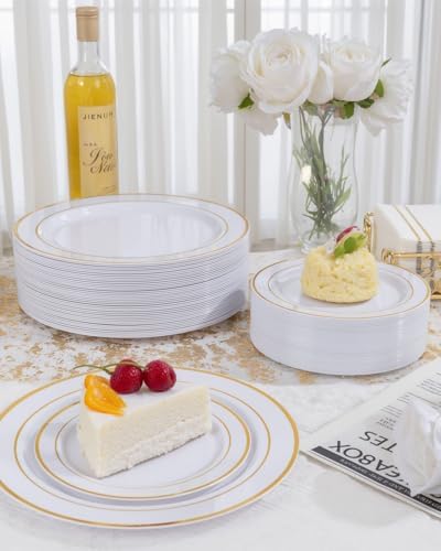 GATHER 700PCS White and Gold Plastic Plates Dinnerware Set for 100 Guests - Image 6
