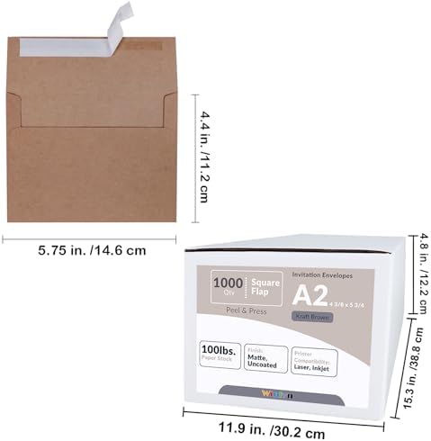1000 Pcs A2 Invitation Envelopes in Kraft Brown Peel & Press Self Seal 4 3/8 x 5 3/4 Square Flap Envelopes RSVP Return Envelopes 100lb. for Announcement Mailing 4x5 Greeting Cards Photo 1/4 Fold Cards - Image 3