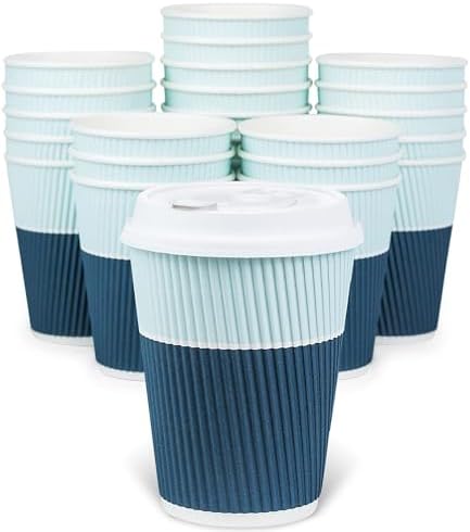 Disposable Coffee Cups With Lids - 12 oz To Go Coffee Cups (80 Set) With Sturdy Lids Prevent Leaks! Paper Hot Cup Holds Shape With Hot, Cold Drinks. Ripple Cups Protect Fingers from Heat! by Glowcoast