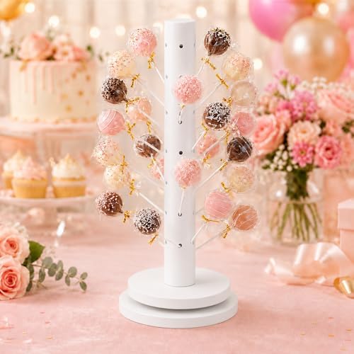 2Pack Wooden Cake Pop Stand Kit with 360° Spinning Base, 49Hole Lollipop Holder with Cake Ball Scoop, 100 Paper Sticks, 100 Clear Treat Bags and 100 Twist Ties, Easy Twist Assembly for Parties - Image 6