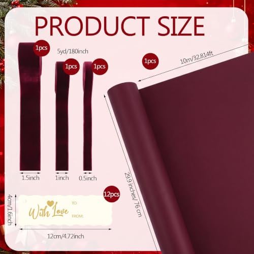 Burgundy Christmas Kraft Wrapping Paper 45 ft Velvet Ribbon 12 Gift Tags - Image 2