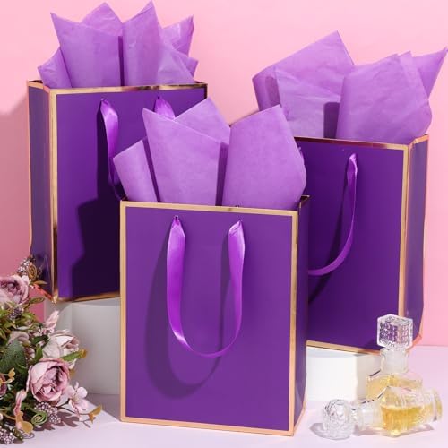 Yeaqee 50 Pcs Metallic Paepr Gift Bags Bulk with Handles,Purple and Gold - Image 5