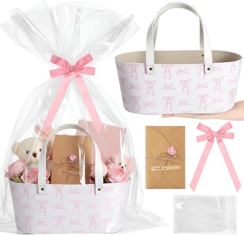 Wonderjune Leather Gift Basket Empty with Handles, 13.4 x 7.5 x 5.5 Inch by Wonderjune