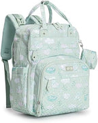 BabbleRoo Diaper Bag Backpack - Baby Essentials Travel Tote - Multi Function Water Resistant Diaper Bag, Travel Essentials Baby Bag with Changing Pad, Stroller Straps & Pacifier Case - Green Birdy by BabbleRoo