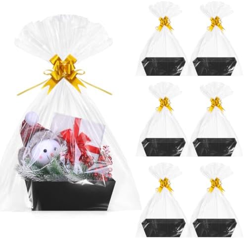 AFOROEOA 6 Pack Black Baskets For Gifts Empty, 10x8 Thick Paper Basket with 6 Clear Bags and 6 Pull Bows, Black Empty Gift Baskets for Halloween Corporate Birthday Wedding Luxury Gift Wrapping by AFOROEOA